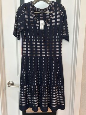 Dressbarn Navy Midi Knit Dress roz & ALI with Cream Dash Pattern